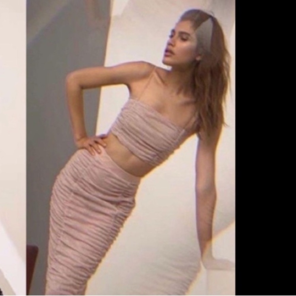 For Love and Lemons Pink Glitter Mesh ruched Midi skirt crop top set S